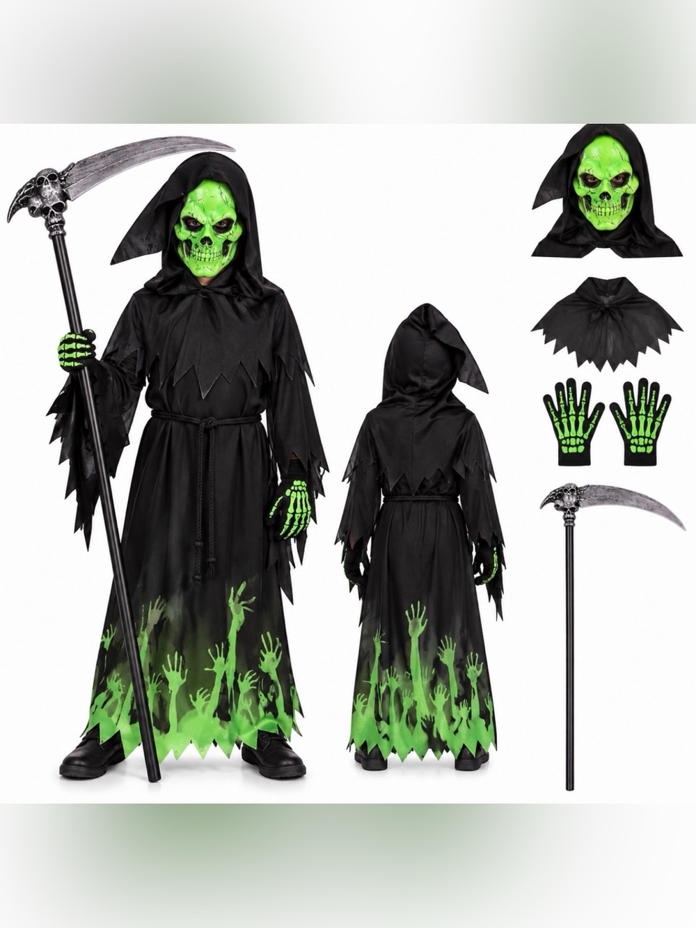 Kids Grim Reaper Halloween Costume Green Skeleton Mask Size S 5-7 Years